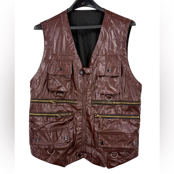 Faux Leather Moto Utility Vest Burgundy Zip Pocket Streetwear Grunge Biker Punk - Picture 2 of 7